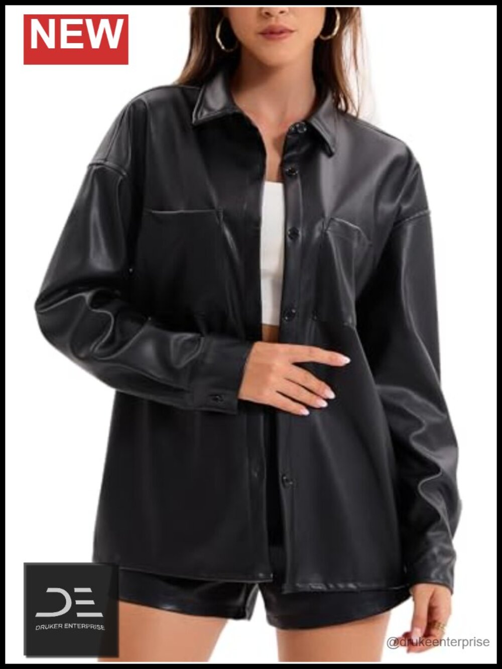 Faux Leather Button Up Shirt Jacket Pleather Blouse Shacket Oversized